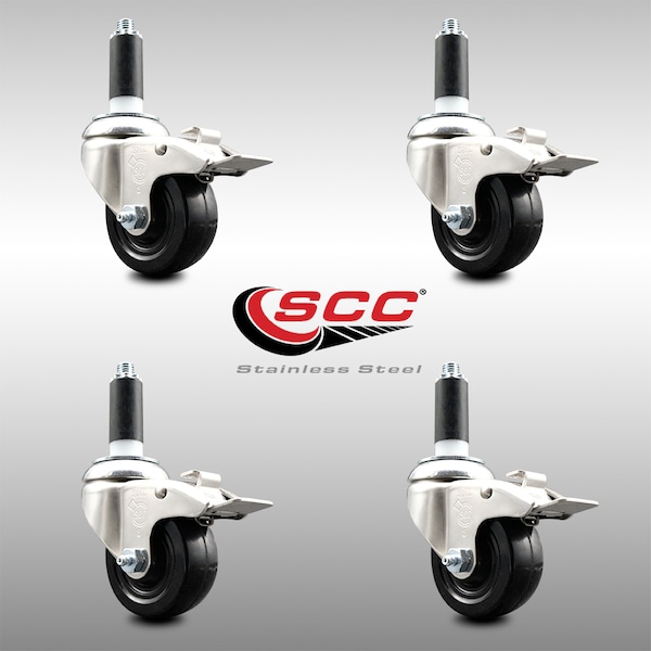 Service Caster 3.5 Inch 316SS Soft Rubber Swivel 1-1/8 Inch Stem Caster Set Lock Brake SCC SCC-SS316TTLEX20S3514-SRS-118-4 - main